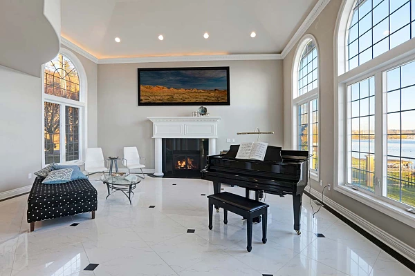 A fine art print in color of Valley of Fire in Nevada displayed in a sitting room.