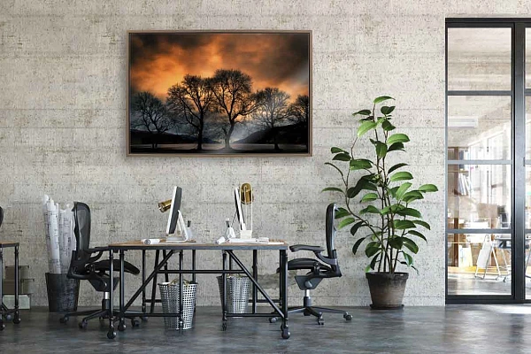 Une photo d'art du Loch Ness exposée dans un cabinet d'architectes. Un moment d'évasion énergiseant dans un bureau moderne.